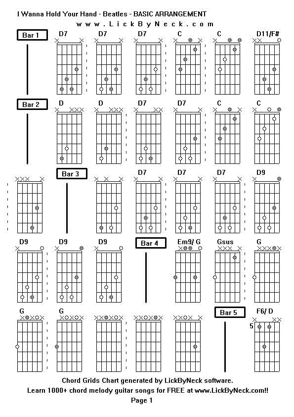 Chord Grids Chart of chord melody fingerstyle guitar song-I Wanna Hold Your Hand - Beatles - BASIC ARRANGEMENT,generated by LickByNeck software.